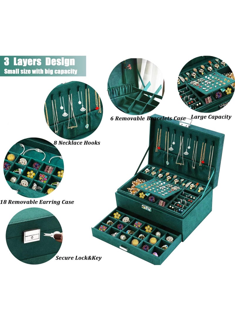JoyousSto Jewelry Boxes for Women Green Velvet Jewelry Organizer with Lock,Teen Jewelry Organizers and Storage Earring and Necklace Holder Organizer Box Womens Jewelry Box for Necklaces Earrings Rings Bracelets,Green - Image 3