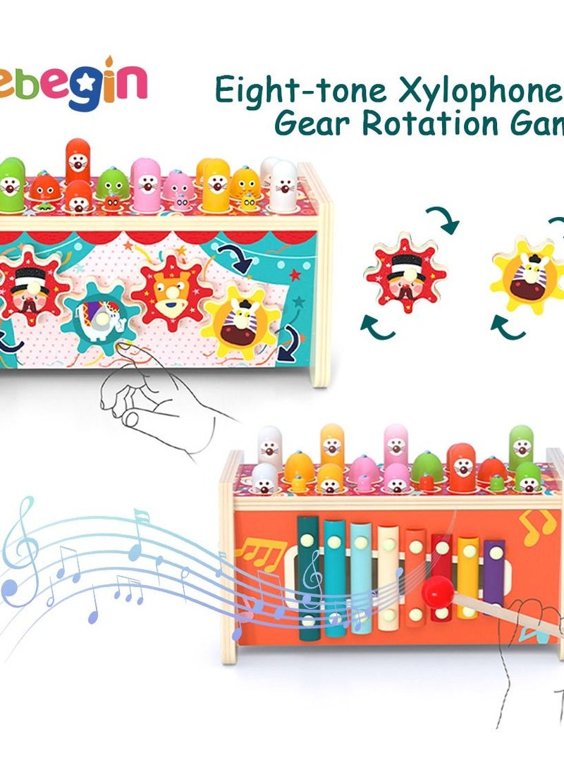 MEBEGIN 7 in 1 Wooden Montessori Toys, Whack-a-mole Board Game with Xylophone, Fishing Game with Cognitive Clock, Early Learning Baby Musical Toys for Kids, Perfect Tool for Parents to Spend Leisure Time with Children, 24*12*14.5cm  - Image 5