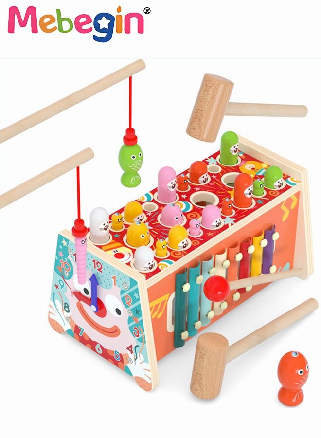 MEBEGIN 7 in 1 Wooden Montessori Toys, Whack-a-mole Board Game with Xylophone, Fishing Game with Cognitive Clock, Early Learning Baby Musical Toys for Kids, Perfect Tool for Parents to Spend Leisure Time with Children, 24*12*14.5cm  - Image 2