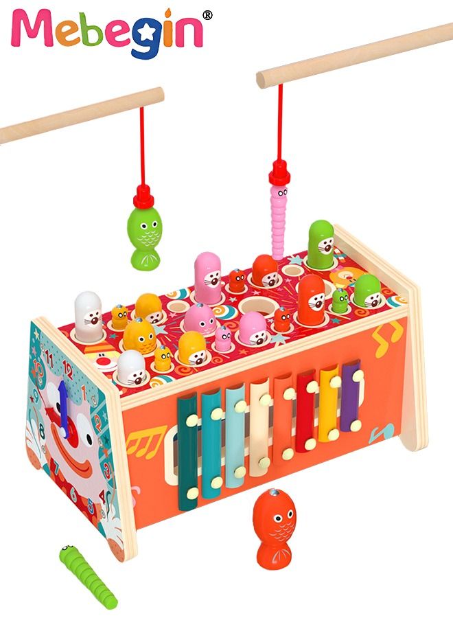 MEBEGIN 7 in 1 Wooden Montessori Toys, Whack-a-mole Board Game with Xylophone, Fishing Game with Cognitive Clock, Early Learning Baby Musical Toys for Kids, Perfect Tool for Parents to Spend Leisure Time with Children, 24*12*14.5cm  - Image 1