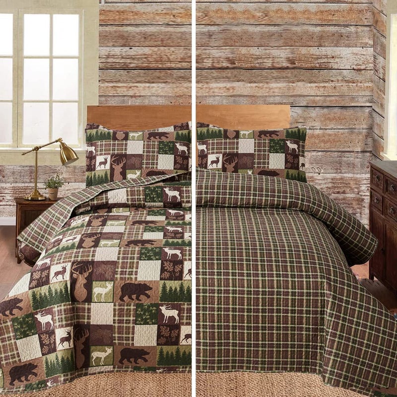 Belista Moose Lodge Lightweight Bedspread Coverlet  All Season King Bedding Cover with ShamsPlaid Bear Deer Printed Quilt Set Bedding SetRustic Country Cabin Reversible Summer Comforter Blanket Bed Cover