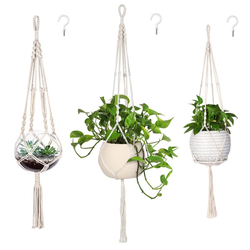 MIPON 3 Pack Macrame Plant Hanger Indoor Hanging Planter Holder with 3 Hooks, 46"/41"/34" Size for Boho Home Decor, Ivory (Pots Not Included) - Image 1