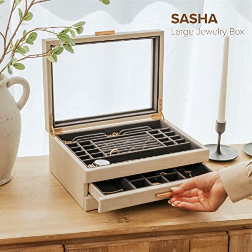CASE ELEGANCE Large 3 Tier Jewelry Box Storage Case Organizer for Women Girls Wife Glass Lid for Earrings Bracelets Rings Necklaces Shagreen Vegan Leather Velvet Lined Jewelry Box Brass Hardware - Image 3