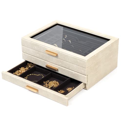 CASE ELEGANCE Large 3 Tier Jewelry Box Storage Case Organizer for Women Girls Wife Glass Lid for Earrings Bracelets Rings Necklaces Shagreen Vegan Leather Velvet Lined Jewelry Box Brass Hardware - Image 1