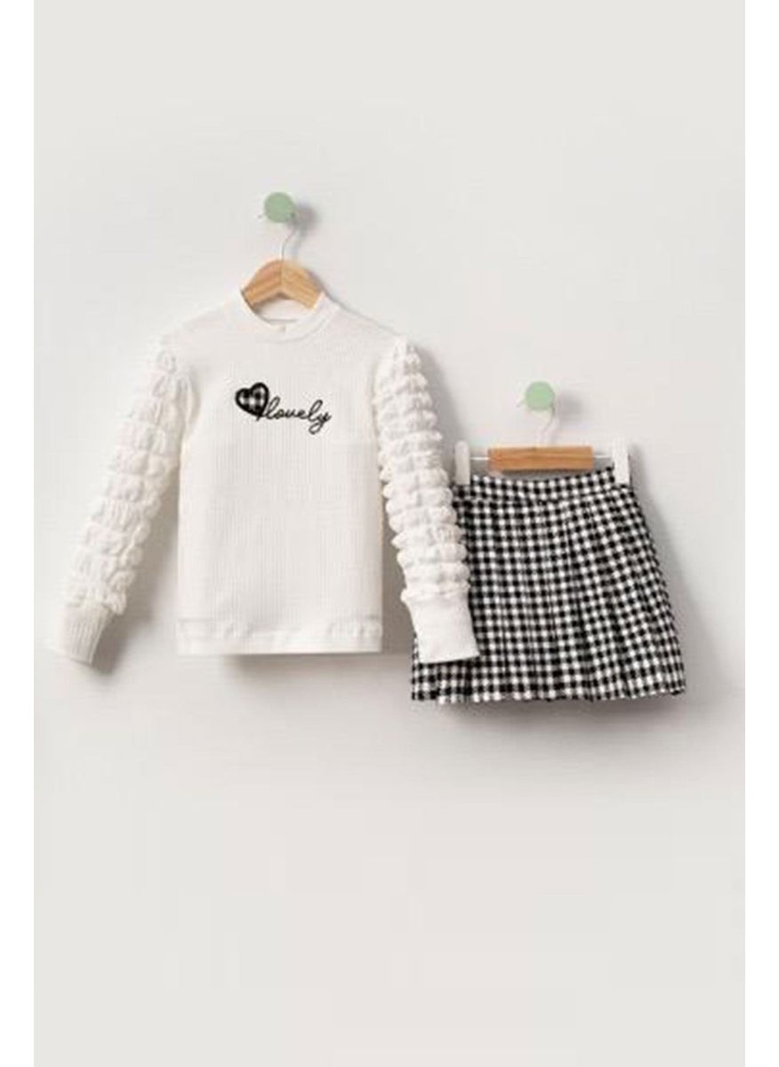 Miniğimin Cicileri - My Little Ones Lovely Embroidered Blouse and Plaid Pleated Skirt Girls Set - Black - Image 1
