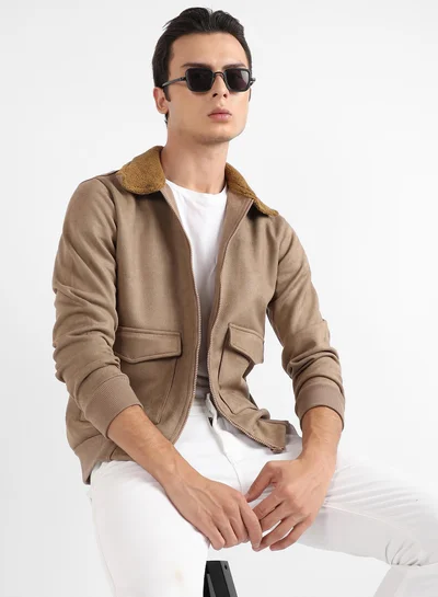 Campus Sutra Men's Beige Zip-Front Jacket With Fleece Collar For Casual Wear | Spread Collar | Long Sleeve | Zipper Closure | Cotton Jacket Crafted With Comfort Fit For Everyday Wear | Beige