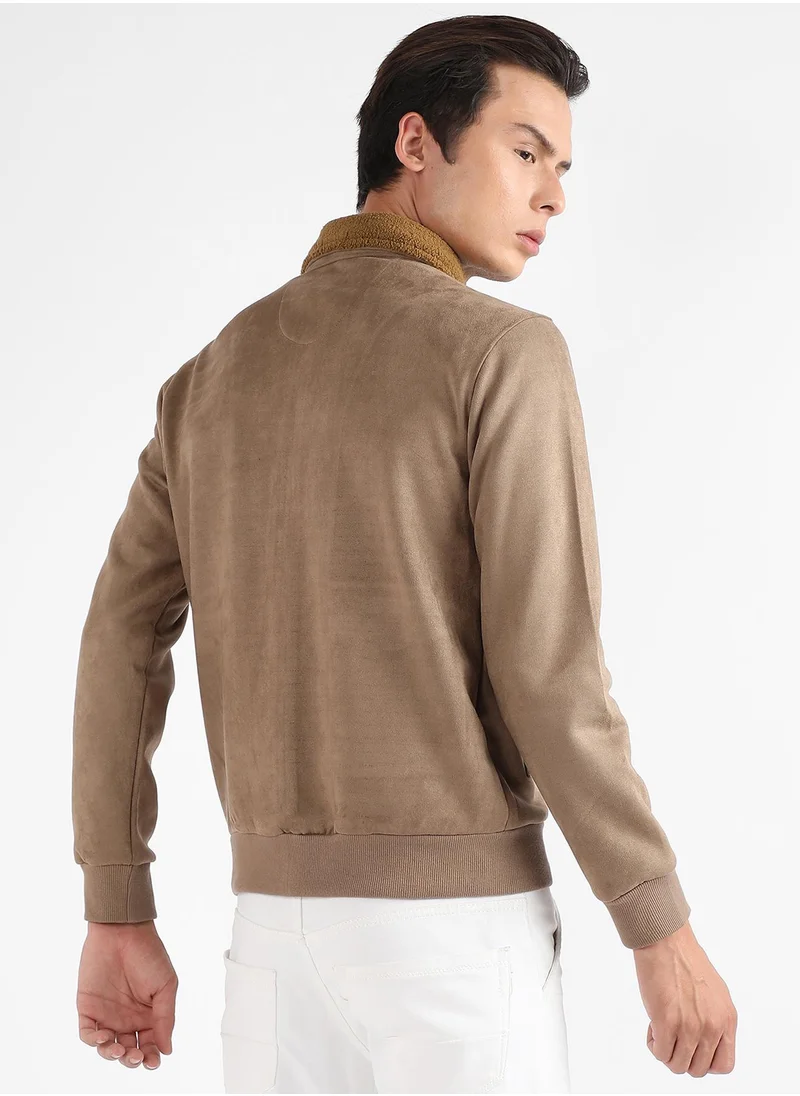 Campus Sutra Men's Beige Zip-Front Jacket With Fleece Collar