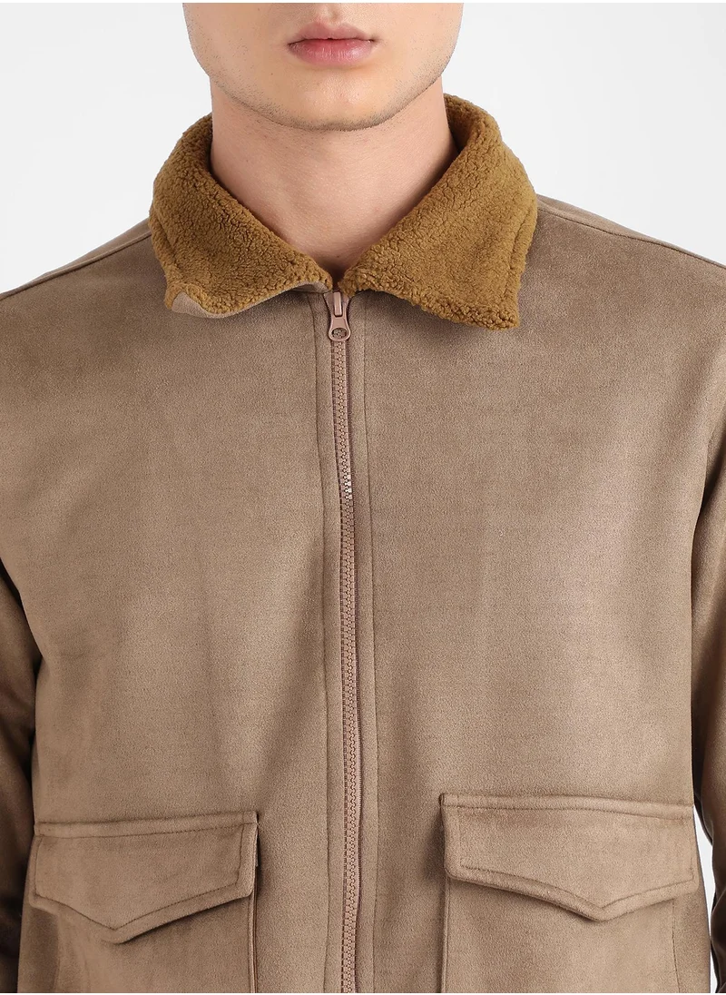 Campus Sutra Men's Beige Zip-Front Jacket With Fleece Collar