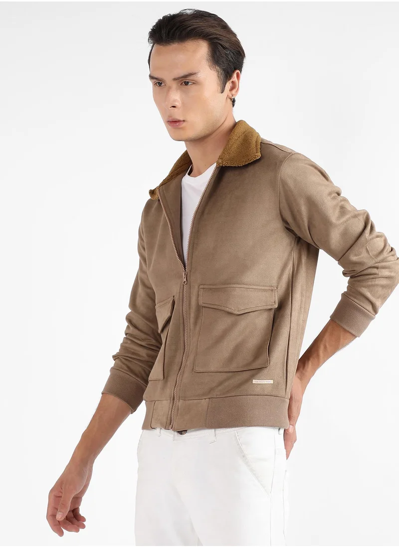 Campus Sutra Men's Beige Zip-Front Jacket With Fleece Collar
