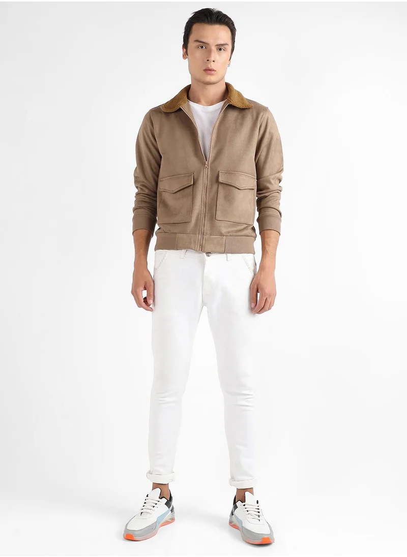 Campus Sutra Men's Beige Zip-Front Jacket With Fleece Collar