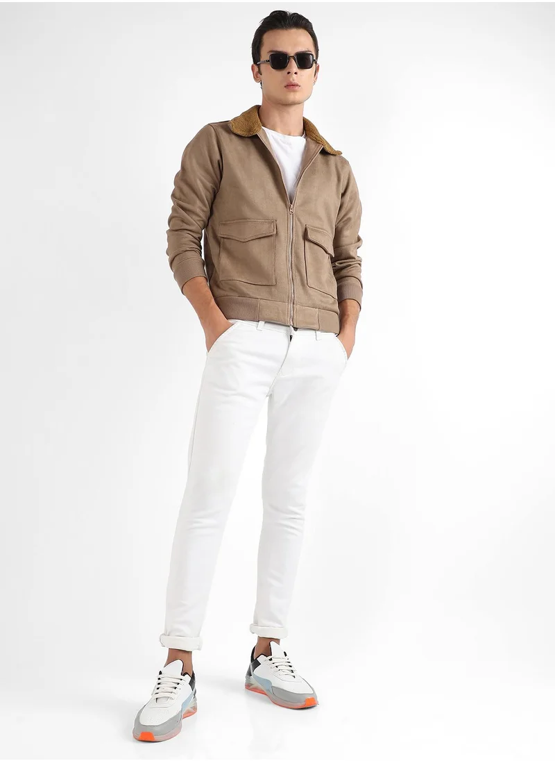 Campus Sutra Men's Beige Zip-Front Jacket With Fleece Collar