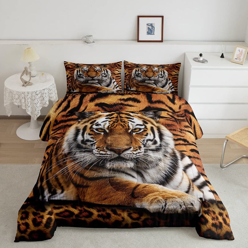Manfei Tiger 3D Print Comforter Set Queen Size Wild Animals Bedding Set 3pcs for Kids Teens Room DecorAnimal Fur Quilt Set Soft Breathable Duvet Insert with 2 Pillowcases