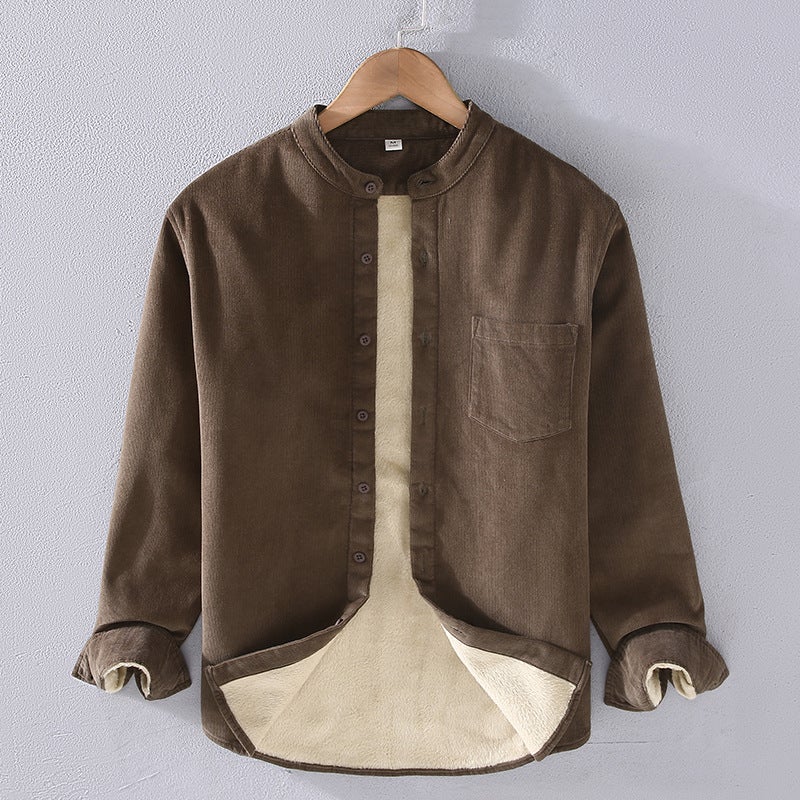 Autumn and Winter new pure cotton fleece-lined thermal shirt mens handsome simple trendy stand collar pure cotton corduroy thickened shirt men Brown - Image 1