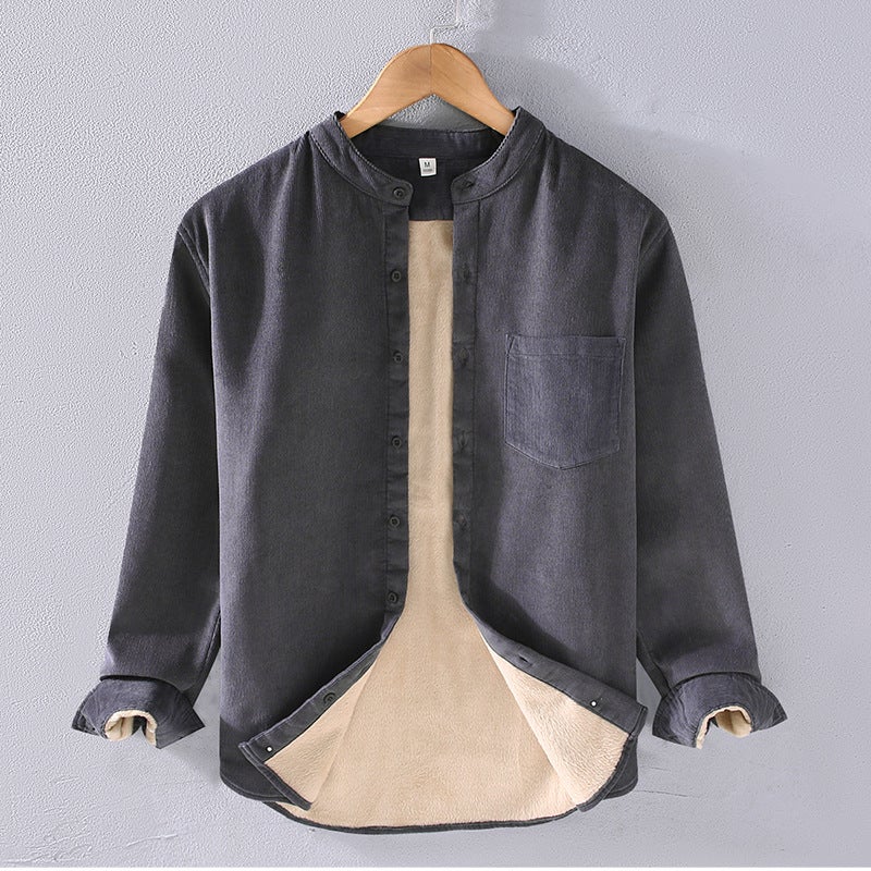 Autumn and Winter new pure cotton fleece-lined thermal shirt mens handsome simple trendy stand collar pure cotton corduroy thickened shirt men Brown - Image 4