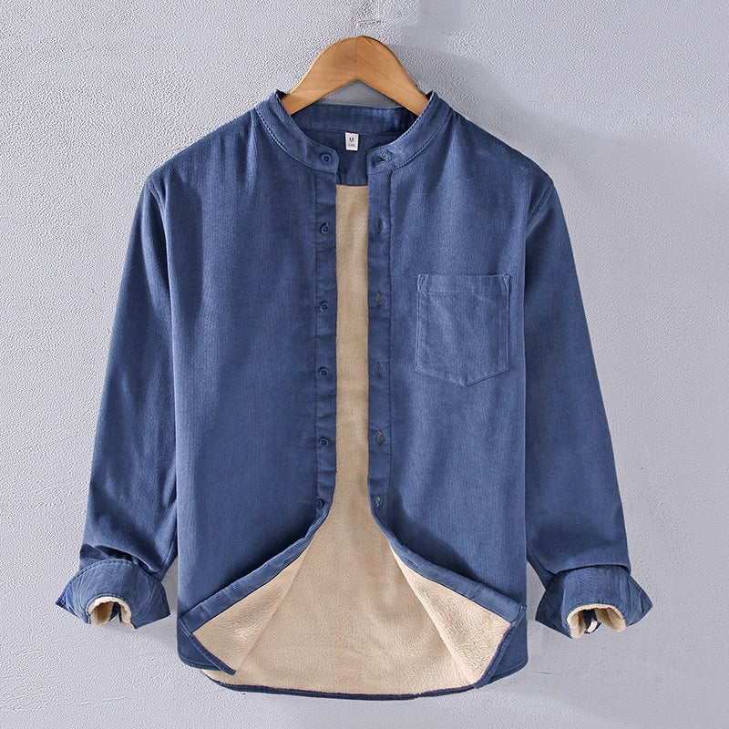 Autumn and Winter new pure cotton fleece-lined thermal shirt mens handsome simple trendy stand collar pure cotton corduroy thickened shirt men Brown - Image 3