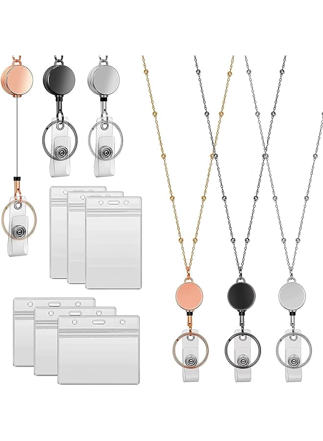 erorex 3 Pcs Sets Retractable Badge Reel Lanyard With Id Holder Necklace Lanyard With Transparent Id Card Holder And Keychain Waterproof Name Card Holder Rose Gold Black Silver  - Image 1