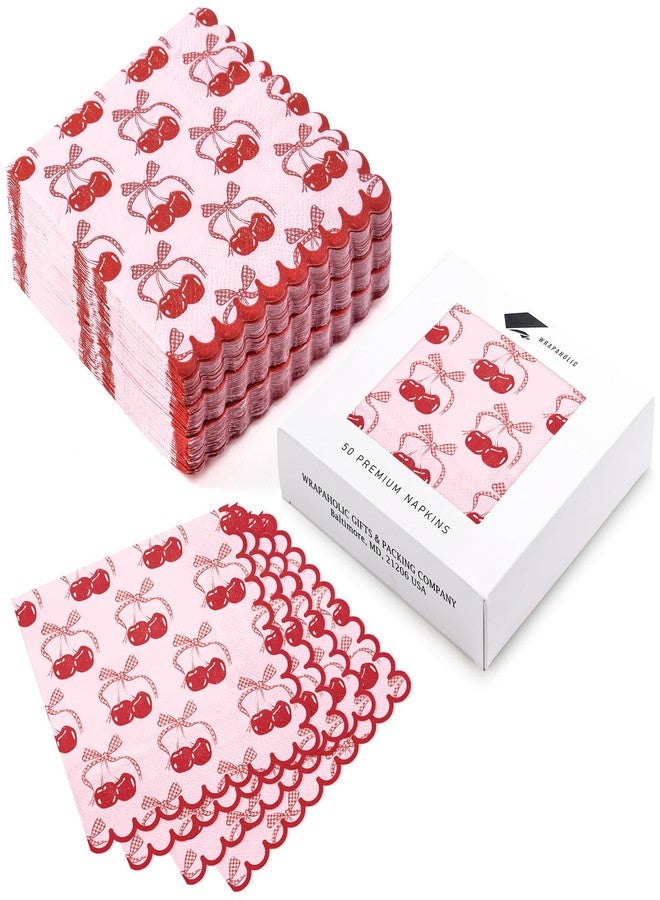 WRAPAHOLIC 50Pcs Pink Bow Cherry Cocktail Napkins - 3-Ply Lovely Pink Bow Cherry Disposable Paper Napkins for Girl Birthday Wedding Tableware Party Supplies - 5 x 5 In - Image 2