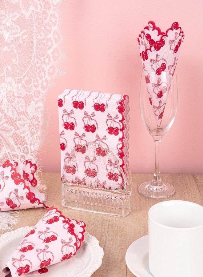WRAPAHOLIC 50Pcs Pink Bow Cherry Cocktail Napkins - 3-Ply Lovely Pink Bow Cherry Disposable Paper Napkins for Girl Birthday Wedding Tableware Party Supplies - 5 x 5 In - Image 4