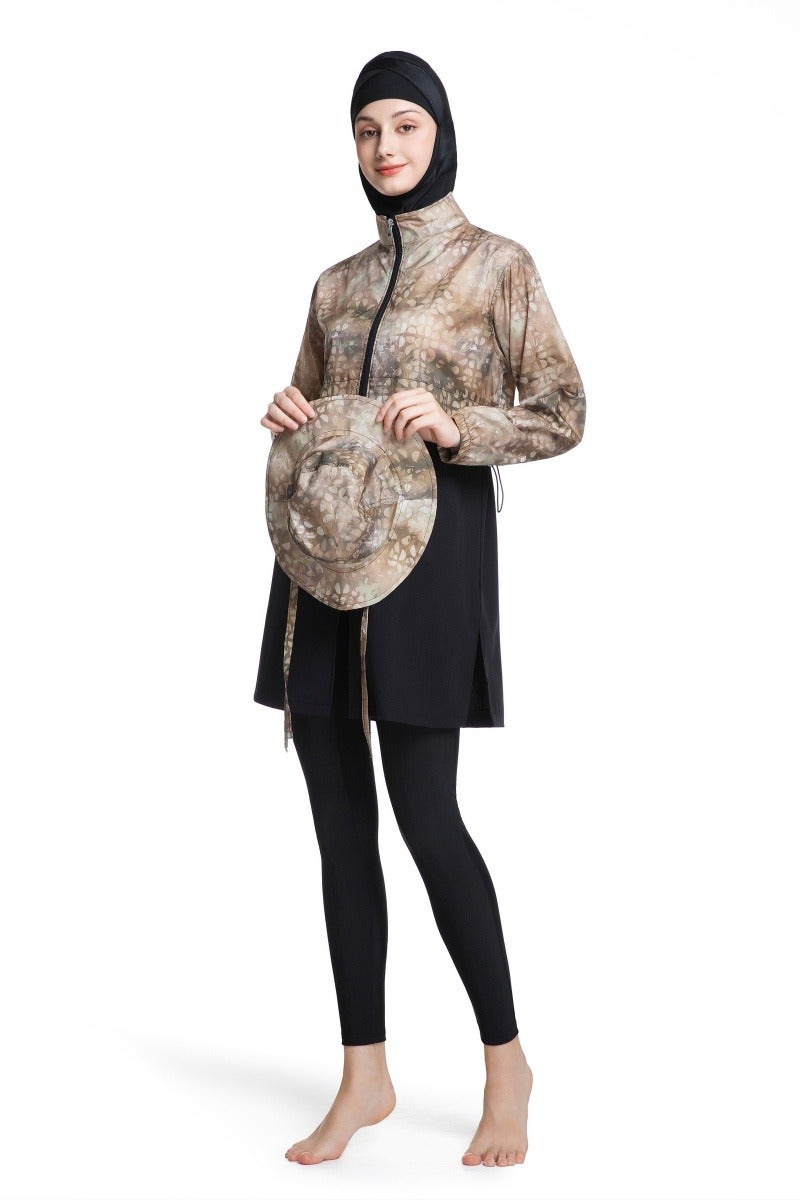 طقم سباحة محافظ من ثلاثة قطع للنساء المسلمات، صيفي، مريح، مضاد للأشعة فوق البنفسجية، بأكمام طويلة وسحّاب، ملابس شاطئية خفيفة الوزن... - Image 1