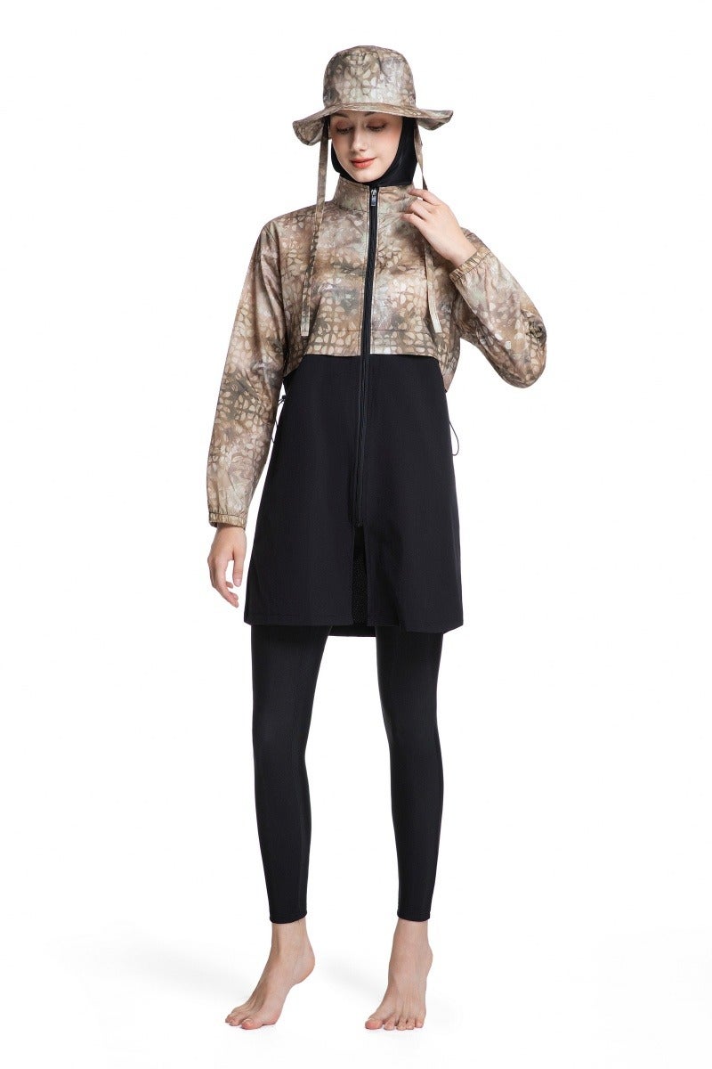 طقم سباحة محافظ من ثلاثة قطع للنساء المسلمات، صيفي، مريح، مضاد للأشعة فوق البنفسجية، بأكمام طويلة وسحّاب، ملابس شاطئية خفيفة الوزن... - Image 2