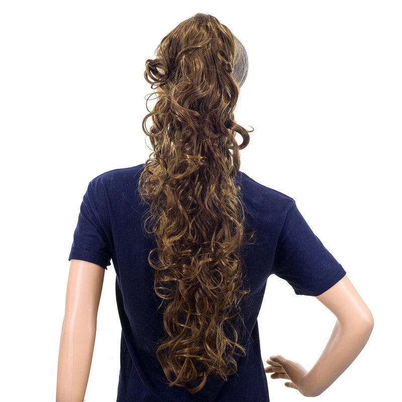 SWACC 24Inch Long Messy Curls Claw Clip Ponytail Extensions  Synthetic Drawstring Curly Hairpiece Jaw Clip Hair Extensions 12Light Brown