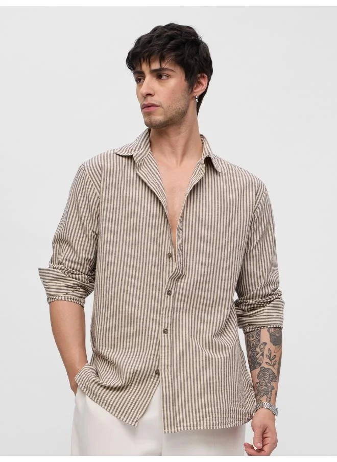 The Souled Store The Souled Store Men Cotton Linen Striped Sienna Creamy Beige Regular Fit Shirts