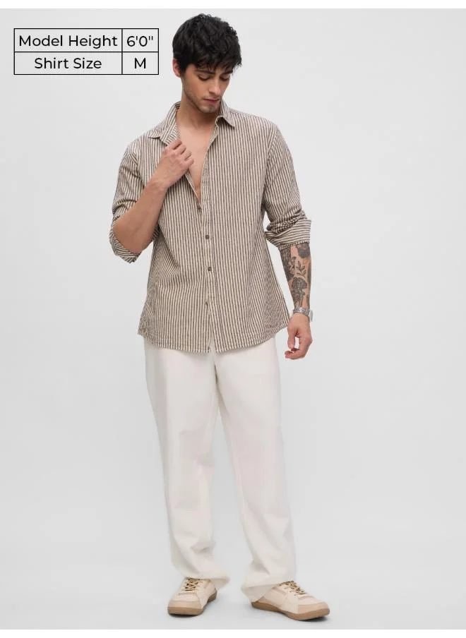 The Souled Store The Souled Store Men Cotton Linen Striped Sienna Creamy Beige Regular Fit Shirts