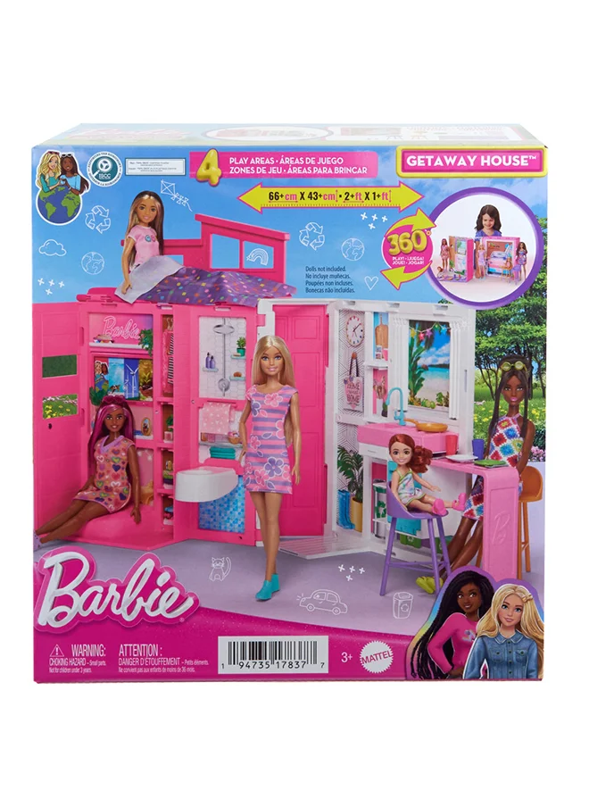 Barbie Doll House Playset, Getaway House With 4 Play Areas Including Kitchen, Bathroom, Bedroom And Lounge, 11 Decor Accessories