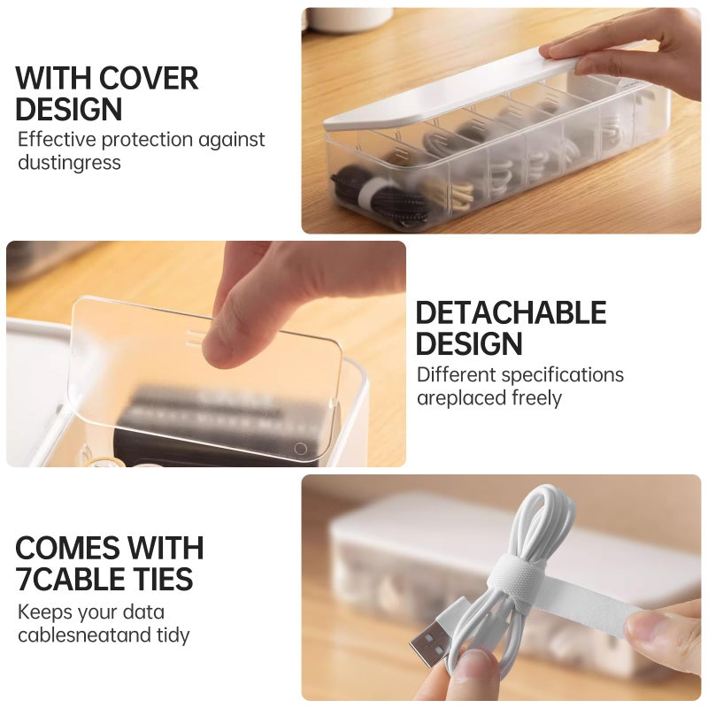 PAVSTINE 2 Pcs Cable Organizer Storage Box with 14 Wire Ties,Desktop Cable Management Box with Lid,Power Cord Organizer for Office,Home,Desk Accessories Storage Stationery Supplies White - Image 4