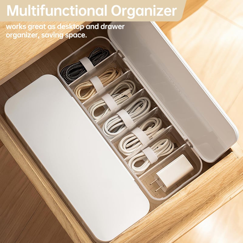 PAVSTINE 2 Pcs Cable Organizer Storage Box with 14 Wire Ties,Desktop Cable Management Box with Lid,Power Cord Organizer for Office,Home,Desk Accessories Storage Stationery Supplies White - Image 2