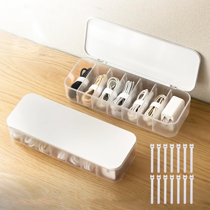 PAVSTINE 2 Pcs Cable Organizer Storage Box with 14 Wire Ties,Desktop Cable Management Box with Lid,Power Cord Organizer for Office,Home,Desk Accessories Storage Stationery Supplies White - Image 1