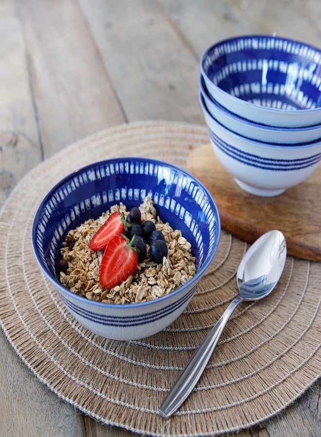 KitchenCraft Premium Mediterranean-Style Ceramic Bowls | 15.5 cm (6") Blue & White Tile Pattern | Stoneware Serving, Soup, Salad & Pasta Bowl Set | Microwave & Dishwasher Safe with Footed Base - Image 2