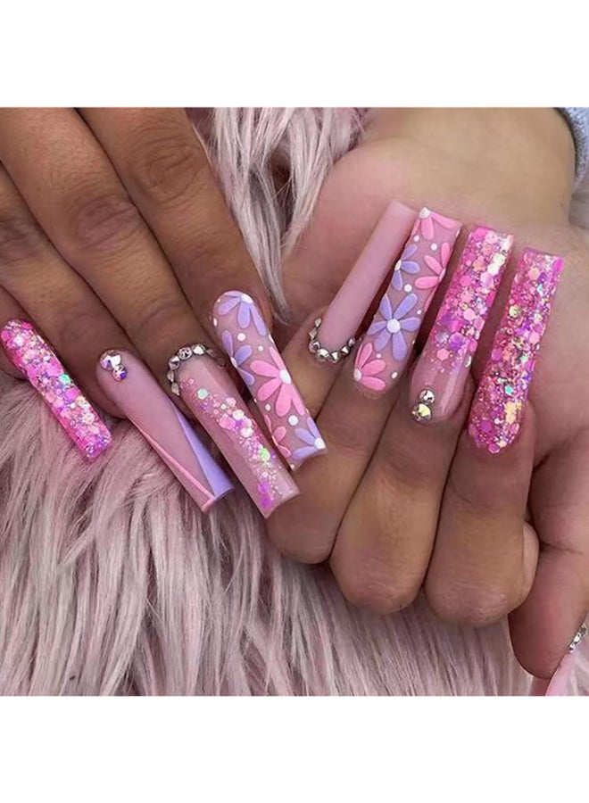Vezocim Press on Nails Long Ballerina 24PCS Full Cover Reusable Fake Nails Kits Glue On Nails with Purple Flower Designs Artificial Fingernails Acrylic Fake Nails for Women Stick on Nails Coffin Shape - Image 2