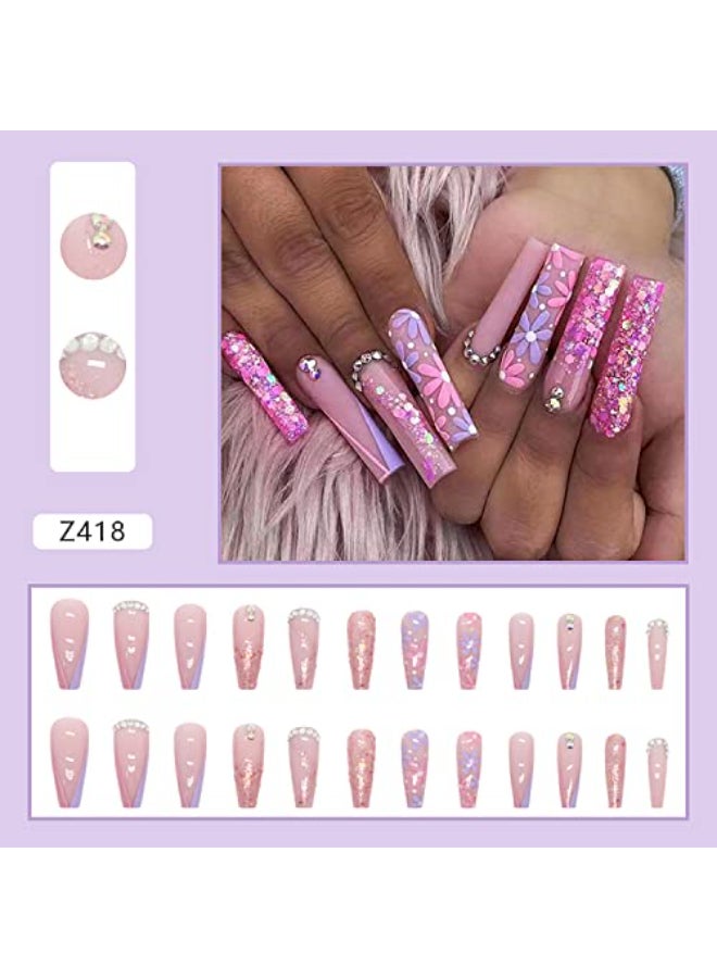 Vezocim Press on Nails Long Ballerina 24PCS Full Cover Reusable Fake Nails Kits Glue On Nails with Purple Flower Designs Artificial Fingernails Acrylic Fake Nails for Women Stick on Nails Coffin Shape - Image 3