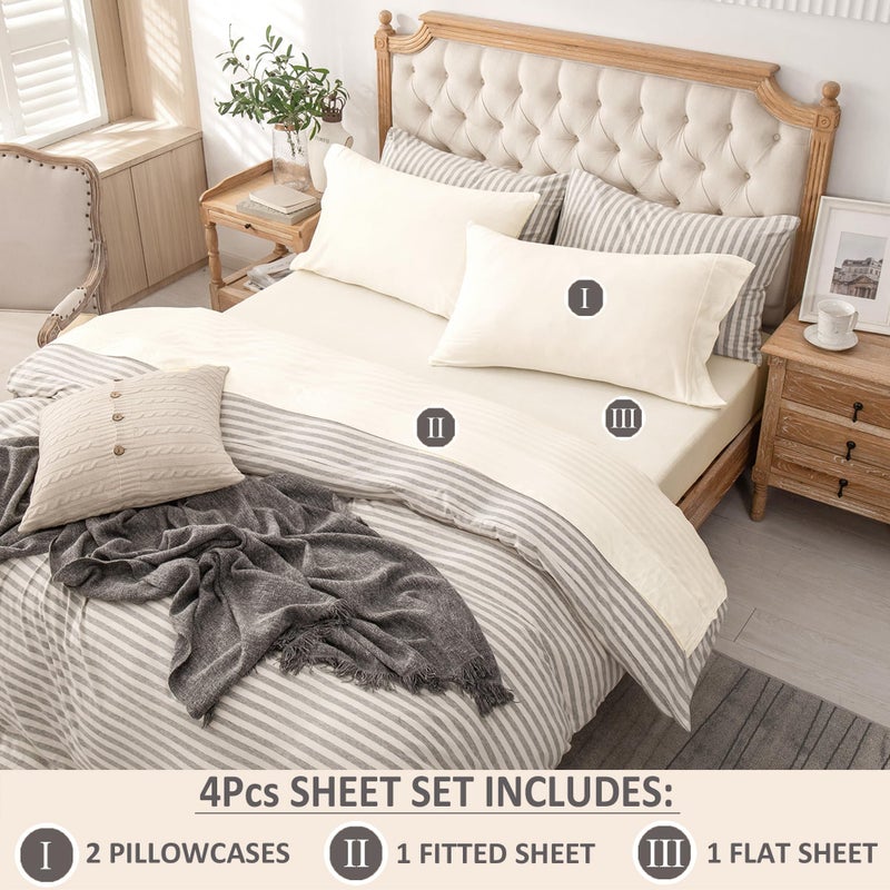 PURE ERA PURE ERA Jersey Knit 4pc Bed Sheet Set 100% T-Shirt Cotton Super Soft Comfy Breathable Fits Mattress Up to 20"" Extra Deep Pocket (Solid Creamy White  King)  - Image 2