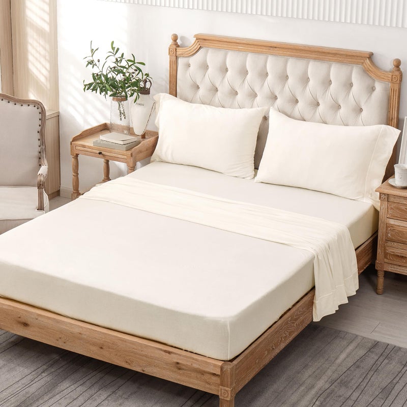 PURE ERA PURE ERA Jersey Knit 4pc Bed Sheet Set 100% T-Shirt Cotton Super Soft Comfy Breathable Fits Mattress Up to 20"" Extra Deep Pocket (Solid Creamy White  King)  - Image 5