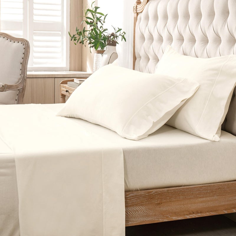 PURE ERA PURE ERA Jersey Knit 4pc Bed Sheet Set 100% T-Shirt Cotton Super Soft Comfy Breathable Fits Mattress Up to 20"" Extra Deep Pocket (Solid Creamy White  King)  - Image 4
