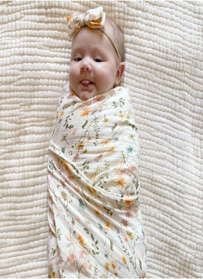 LifeTree LifeTree Newborn Swaddle Set with Matching Hat and Bow, Wooden Birth Announcement Card, Baby Girl Newborn Receiving Blanket Baby Swaddle Floral Motif Nursery Swaddle Wrap  - Image 2