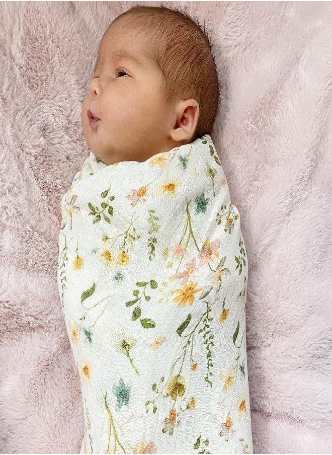 LifeTree LifeTree Newborn Swaddle Set with Matching Hat and Bow, Wooden Birth Announcement Card, Baby Girl Newborn Receiving Blanket Baby Swaddle Floral Motif Nursery Swaddle Wrap  - Image 1