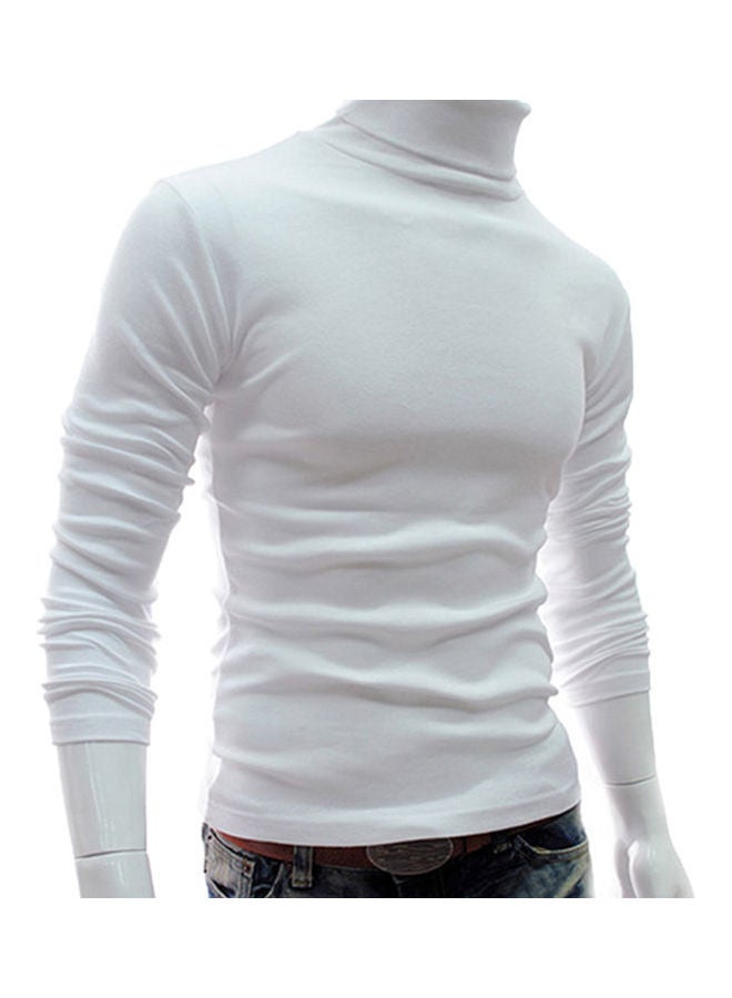 NIBEMINENT Men Fashion Solid Colour Long Sleeve Turtleneck Sweater Slim Fit Knitted Pullover White  - Image 1