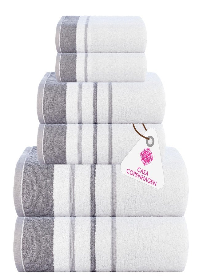CASA COPENHAGEN White Bay, 6 Pieces Towel Set- White with Dark Grey and Light Grey Border, 600 GSM, 2Bath, 2Hand, 2Washcloths Egyptian Cotton Towel for Hotel Spa Kitchen Bathroom Kitchen & Shower - Image 1