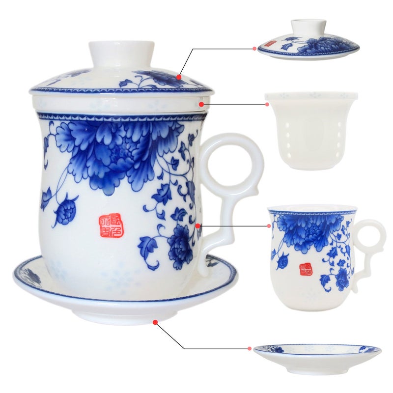 Tea Talent Porcelain Tea Cup with Infuser Lid and Saucer Sets Chinese Jingdezhen Ceramics Coffee Mug Teacup Loose Leaf Tea Brewing System for Home Office