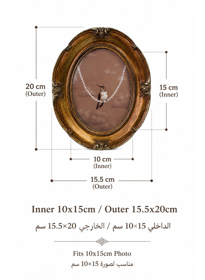Vintage Oval Picture Frame 6 Inch, Antique Gold Brown Photo Frame With Ornate Floral Design, Tabletop Display Frame For 10x15cm Photos, Home Decor Accent - Image 3