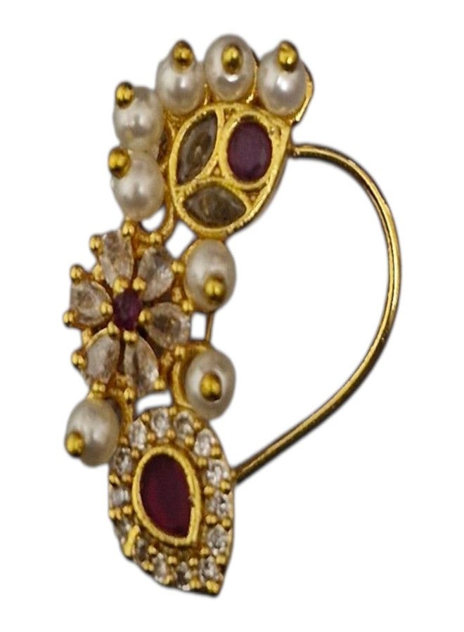خاتم أنف تقليدي مطلي بالذهب من AAIKU Maharashtrian للعرائس | خاتم أنف تقليدي مزين بخرز اللؤلؤ واللؤلؤ الأبيض | مجوهرات بقاعدة نحاسية (التصميم 3) - Image 1