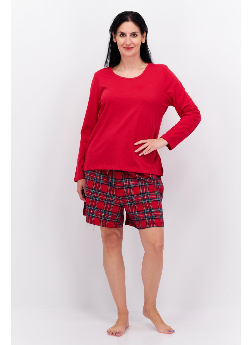 Family PJs - Women 2 Pieces Plaid Pyjama Set, Red Combo - Image 1