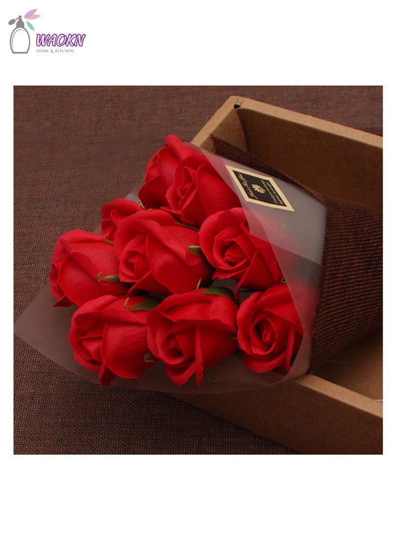 WAOKN 9-Piece Rose Forever Flowers Decor Artificial Flower Bouquet High-Value Soap Flower Gift Box Long-Lasting Real Roses Forever Bouquet for Valentines Day Mothers Day Birthday Gifts for Women Red  - Image 1