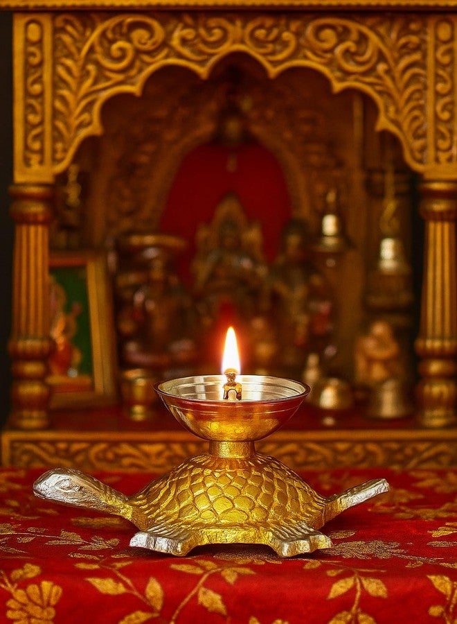 MIRAMAYEE Tortoise Shape Brass Diya with Velvet Box for Pooja Decor | Diya for Diwali| Oil Lamp for Home (4.5" Inches) - Image 1