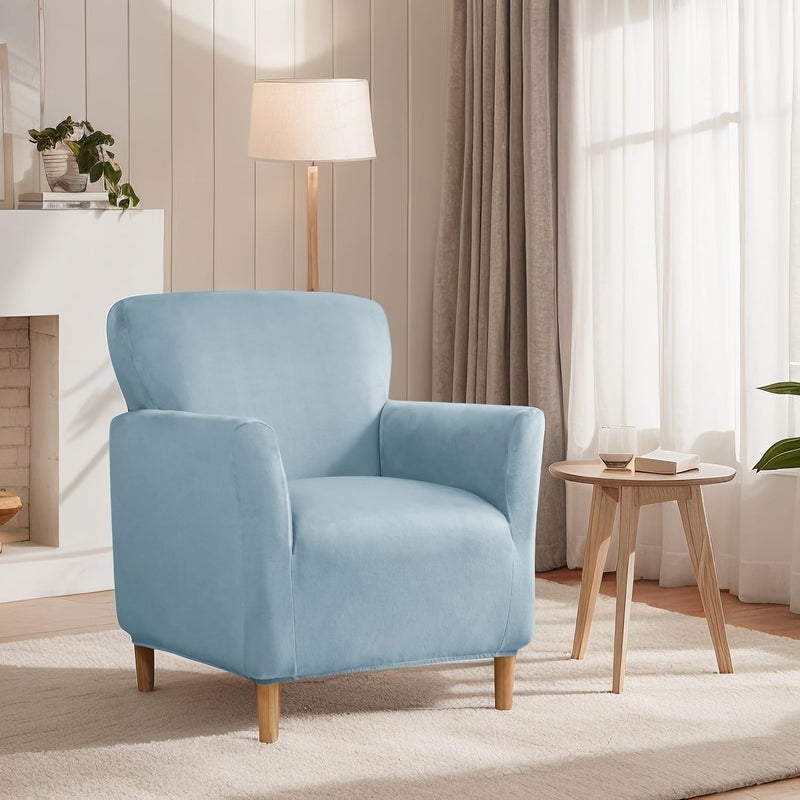 SONNACH Stretch Chair Covers with Arms 1-Piece Banquet Armchair Slipcover Velvet Mid Century Modern Armchair Slipcover Anti-Slip Furniture Protector for Living Room Friendly for Kids Pets (Baby Blue) - Image 2