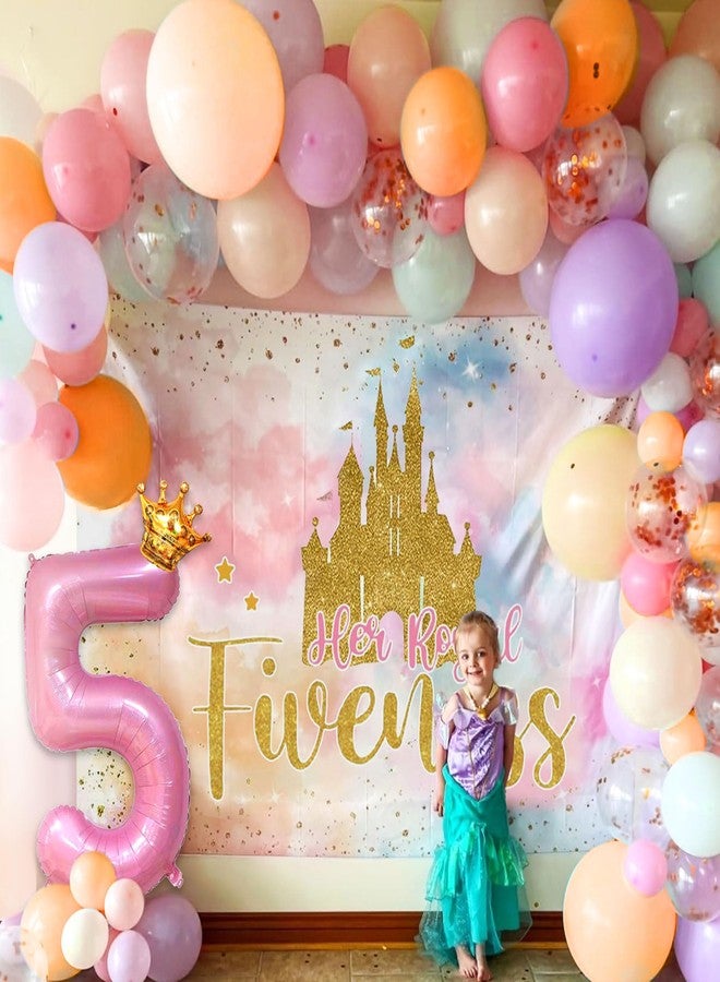 Roaring Good Time Her Royal Fiveness Birthday Decorations Pink Gold Princess Castles Balloon Garland Crown Number 5 Foil Balloons Banner for 5 Years Old Birthday Party Decor Supplies - Image 3