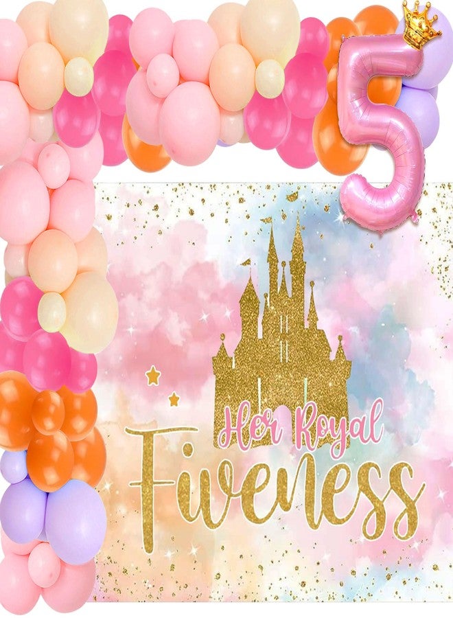 Roaring Good Time Her Royal Fiveness Birthday Decorations Pink Gold Princess Castles Balloon Garland Crown Number 5 Foil Balloons Banner for 5 Years Old Birthday Party Decor Supplies - Image 1